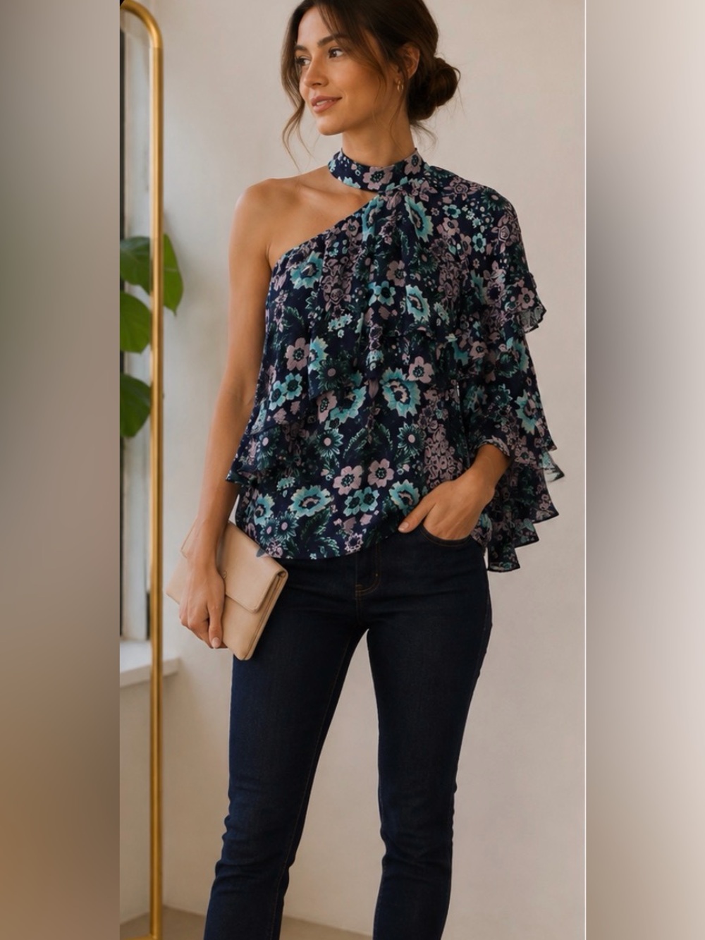 Parker NWT Lilac Eden Floral One Shoulder Ruffle Blouse M $248